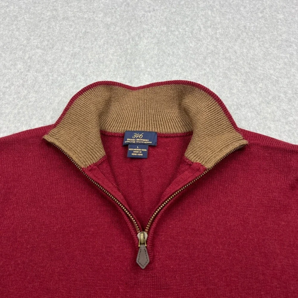 Brooks Brothers 346 Sweater Mens Large Red 100% Merino Wool 1/4 Zip Italian Yarn